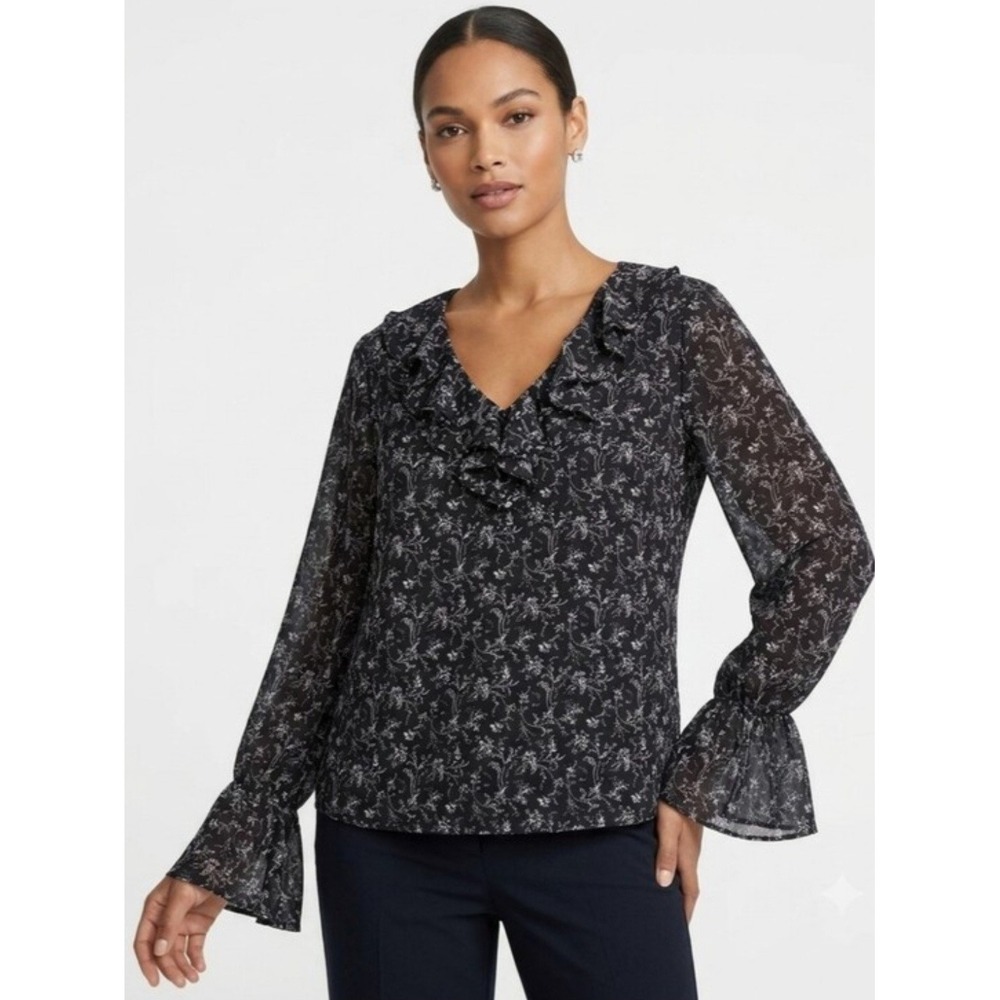 CeCe Black and White Floral Ruffle Blouse Size S
